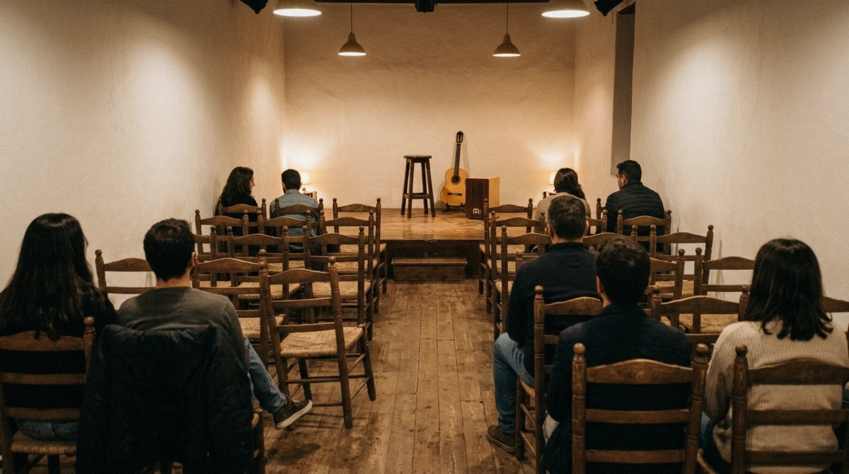 Small theatre seating filling up before an inexpensive flamenco show in Barcelona, Spain