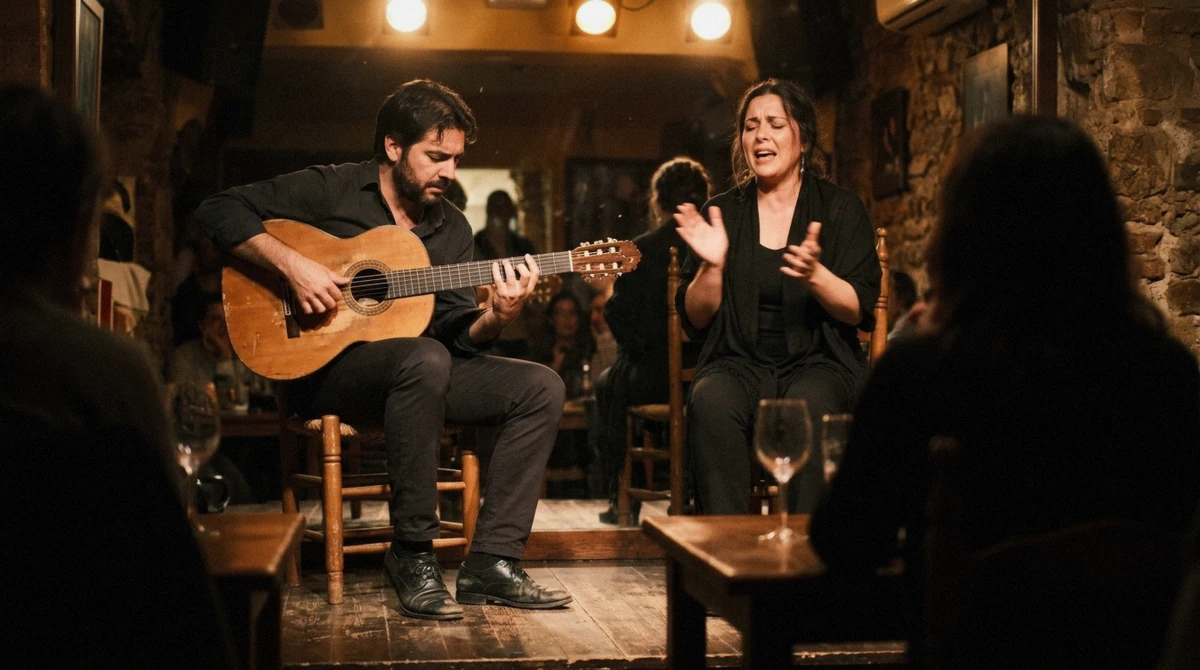 Flamenco guitarist and singer close to the audience at a small tablao during a flamenco show in Barcelona, Spain