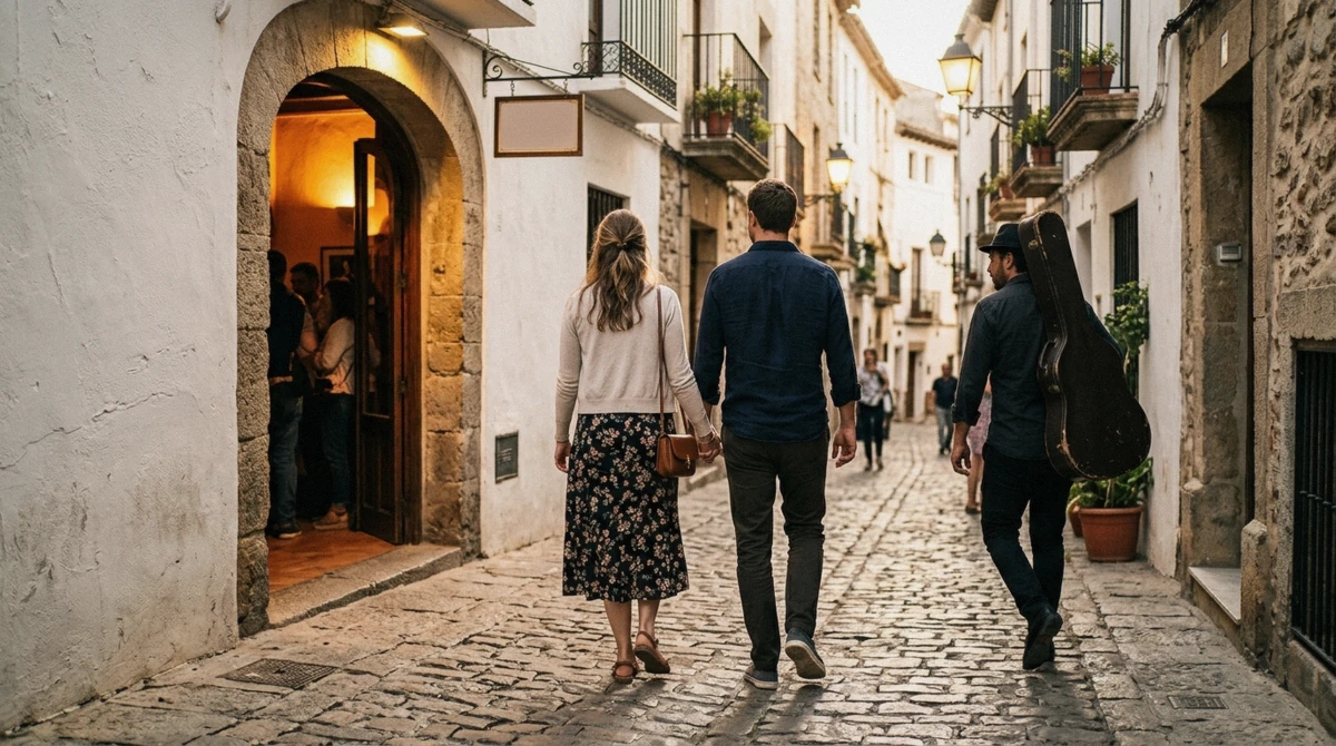 Couple dressed smart casual arriving for an evening flamenco show in Barcelona, Spain